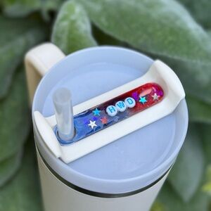 Customized Red and Blue Stanley straw name tag